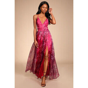 Lulus Romance That Wows Magenta Floral Print Organza Maxi Dress Pink - Size L